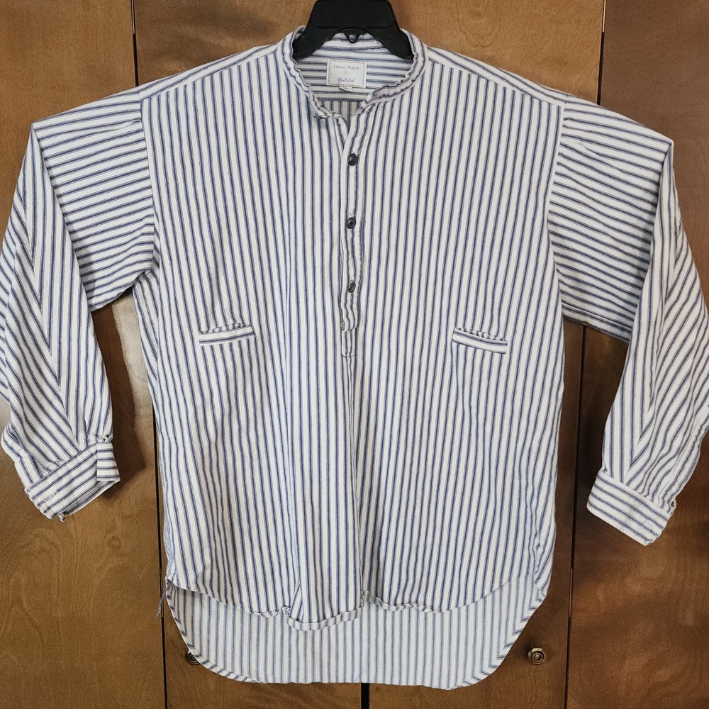 C78 Trail's End Hand Made‎ Mens XL Striped Band Collar Long Sleeve Grandfather
